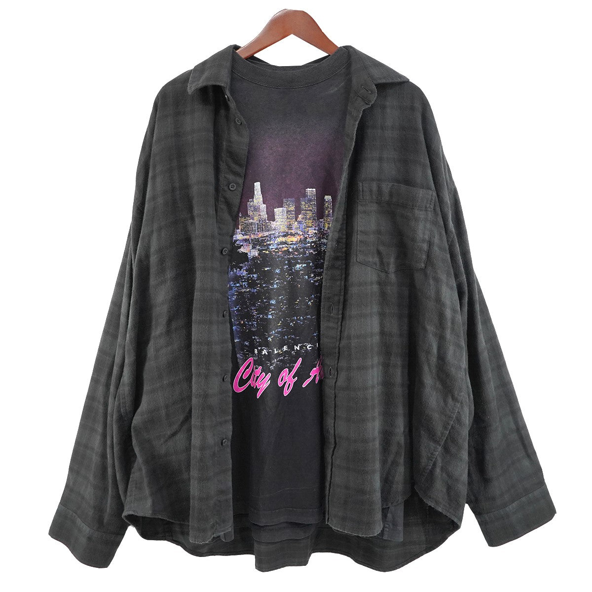 25SS City of Angels Graphic Printed Layered Shirt  ヴィンテージ加工 Tシャツドッキング オーバーサイズ チェック フランネル レイヤード シャツ
