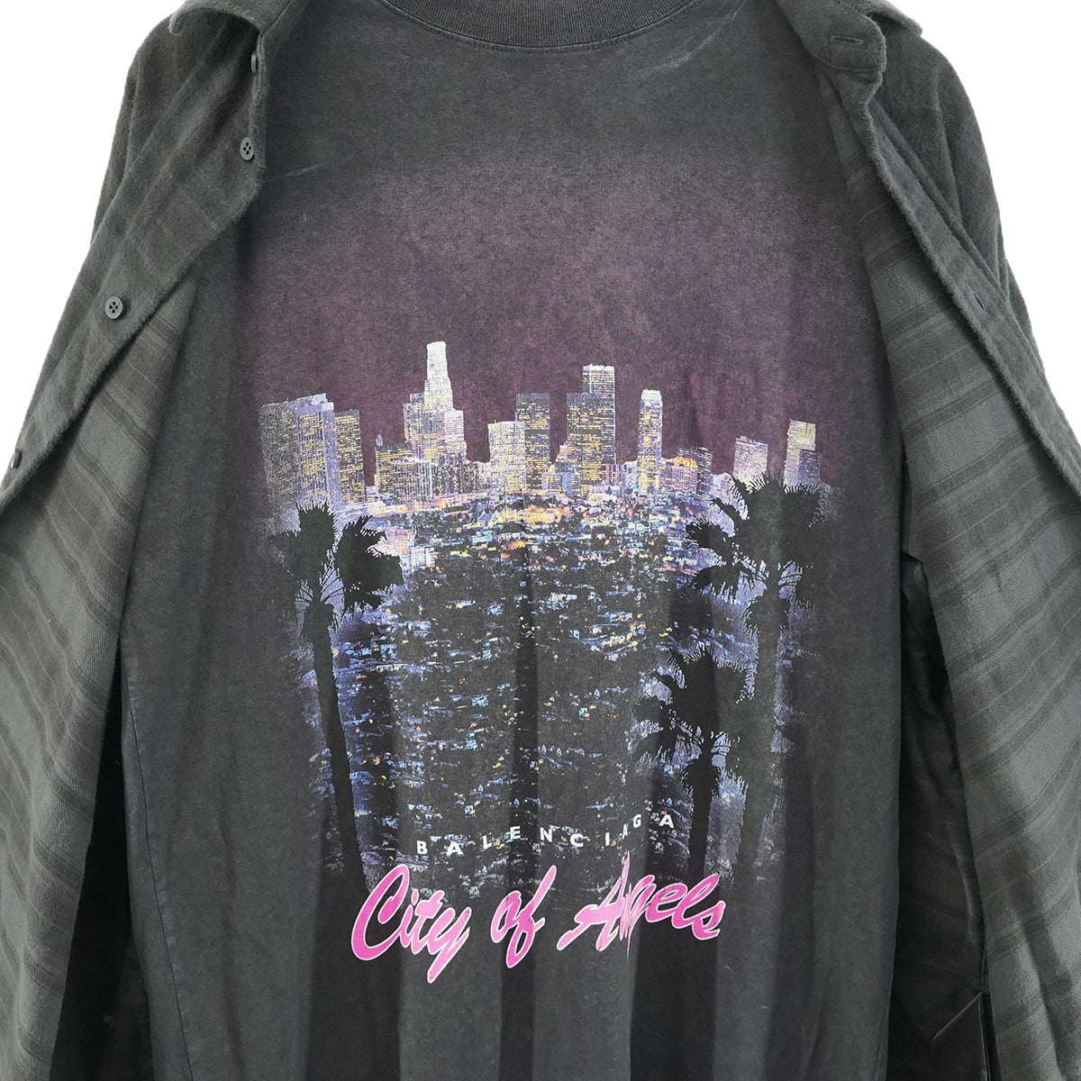 25SS City of Angels Graphic Printed Layered Shirt  ヴィンテージ加工 Tシャツドッキング オーバーサイズ チェック フランネル レイヤード シャツ