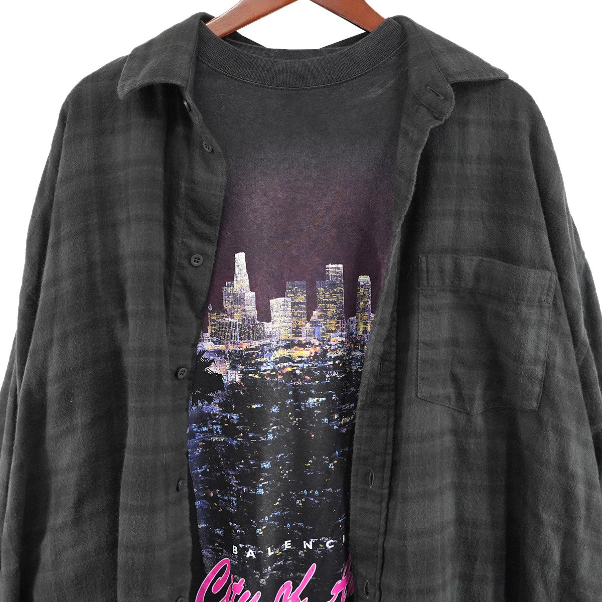 25SS City of Angels Graphic Printed Layered Shirt  ヴィンテージ加工 Tシャツドッキング オーバーサイズ チェック フランネル レイヤード シャツ