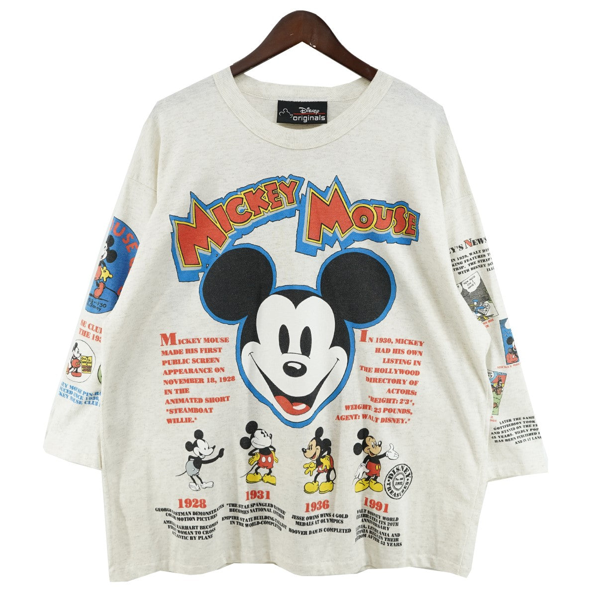 90s Disney Treasures ／ Mickey Mouse Timeline ＆ Filmography 3／4 Raglan Teeディズニー ミッキーマウス 七分袖 Tシャツ