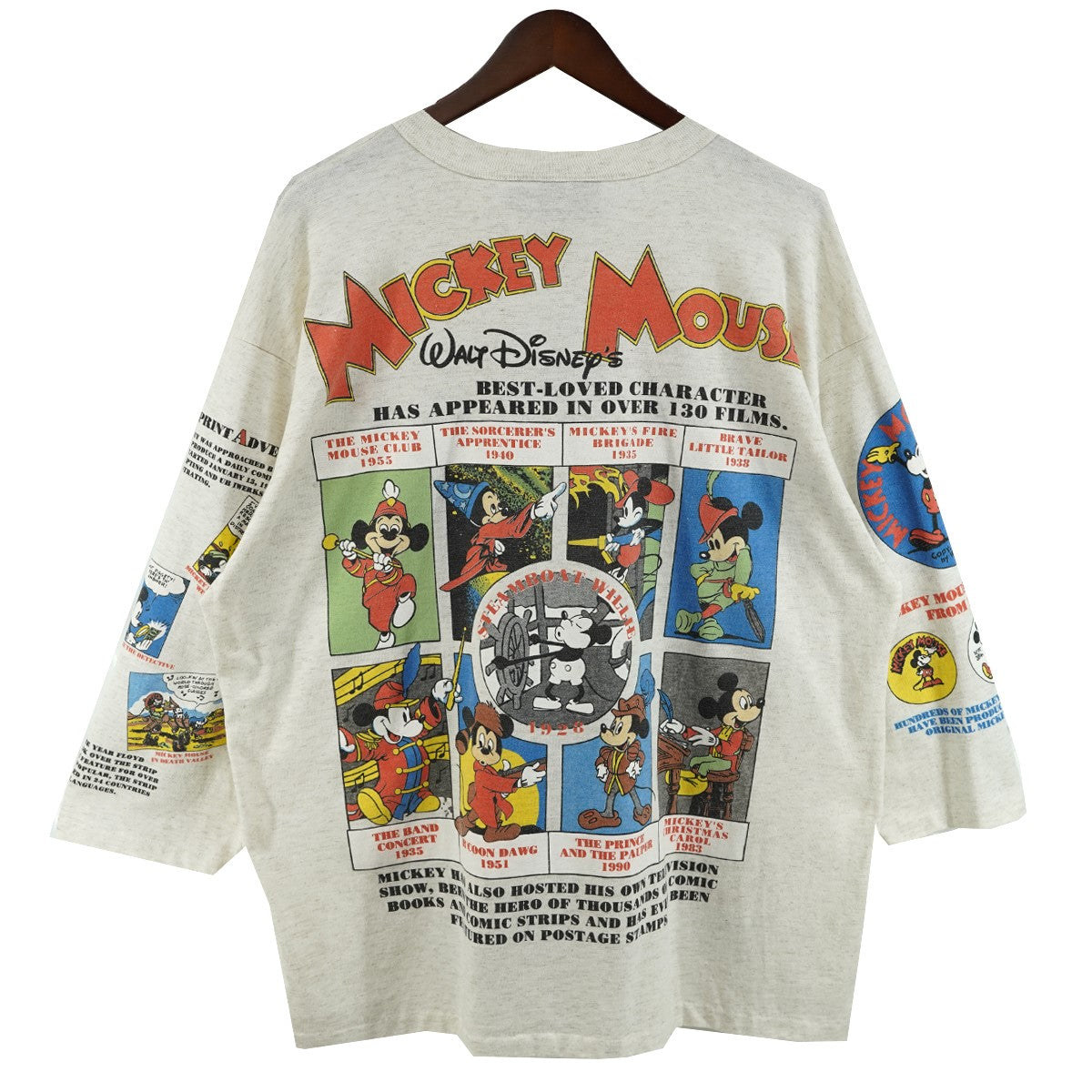 90s Disney Treasures ／ Mickey Mouse Timeline ＆ Filmography 3／4 Raglan Teeディズニー ミッキーマウス 七分袖 Tシャツ