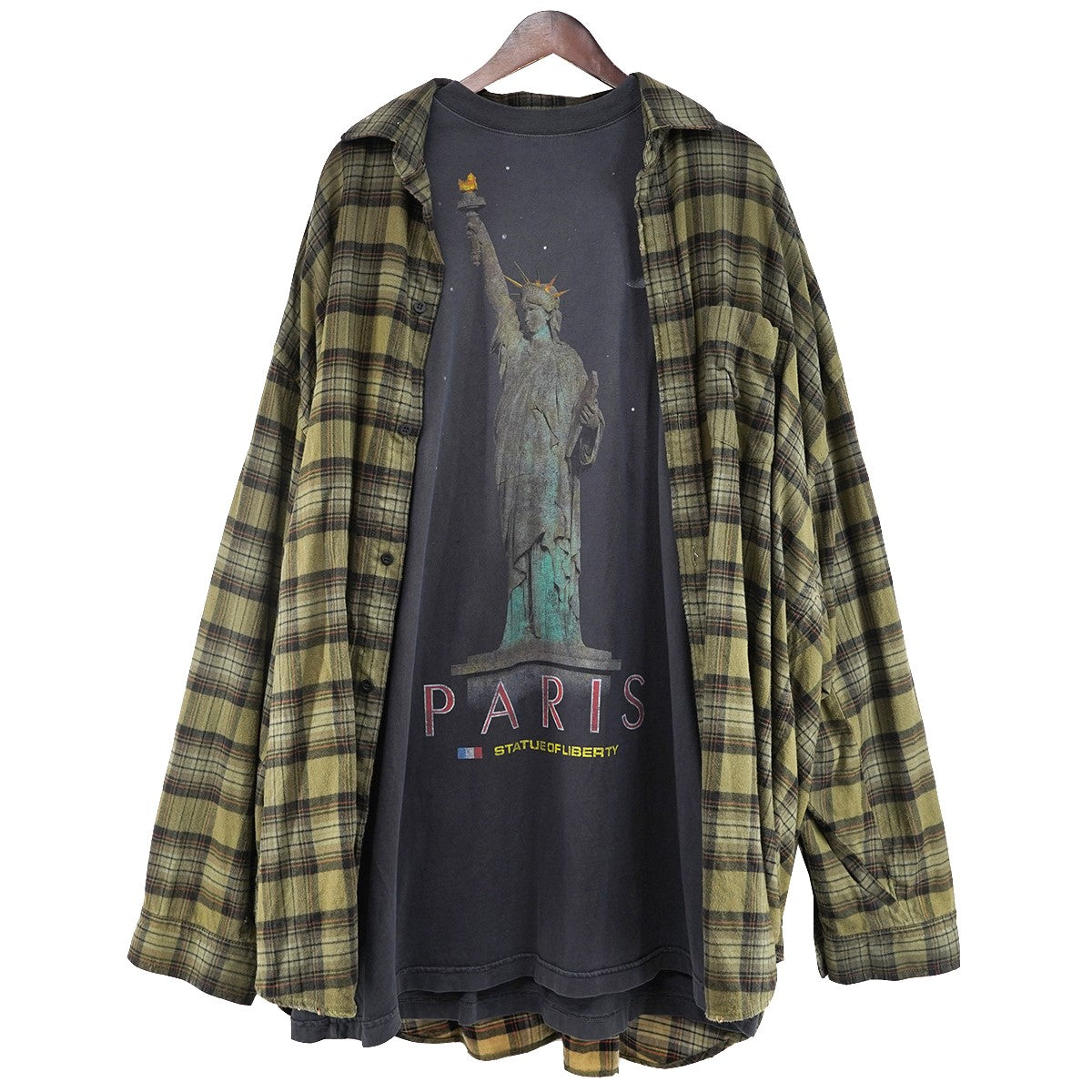 24AW Paris Liberty Layered Oversized Shirt ダメージ ヴィンテージ 加工オーバーサイズ Tシャツ ドッキング チェック ネルシャツ