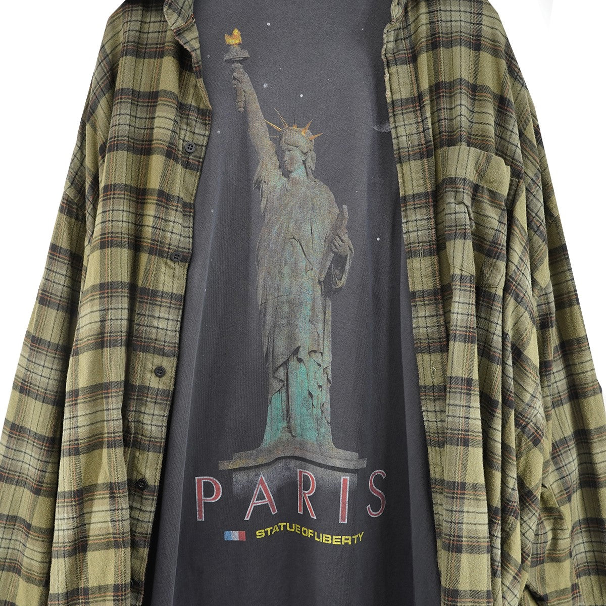24AW Paris Liberty Layered Oversized Shirt ダメージ ヴィンテージ 加工オーバーサイズ Tシャツ ドッキング チェック ネルシャツ