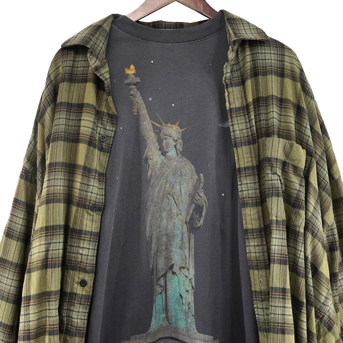 24AW Paris Liberty Layered Oversized Shirt ダメージ ヴィンテージ 加工オーバーサイズ Tシャツ ドッキング チェック ネルシャツ