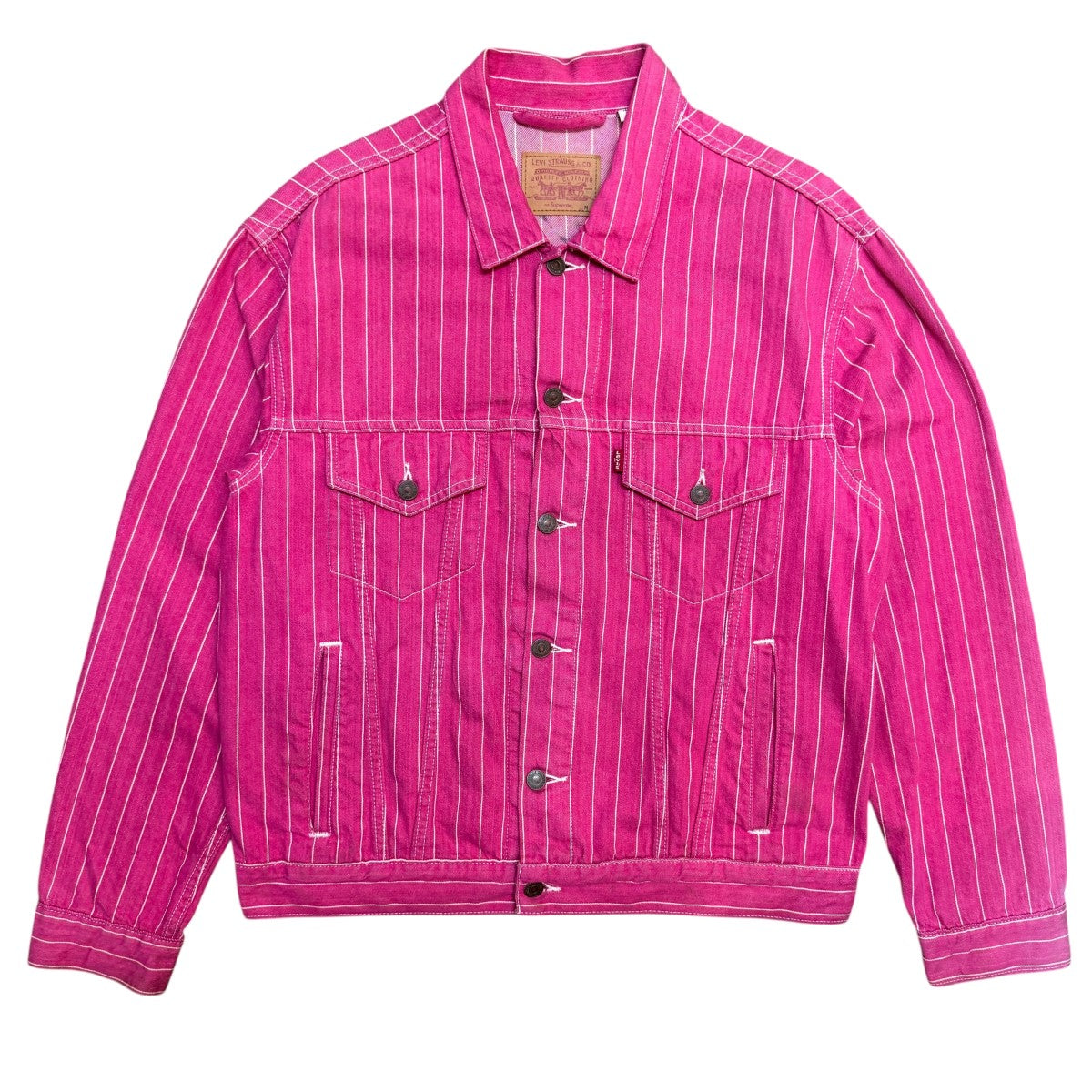 18SS/Supreme LEVI’S PINSTRIPE TRUCKER JACKETピンストライプトラッカージャケット ／サイン入り