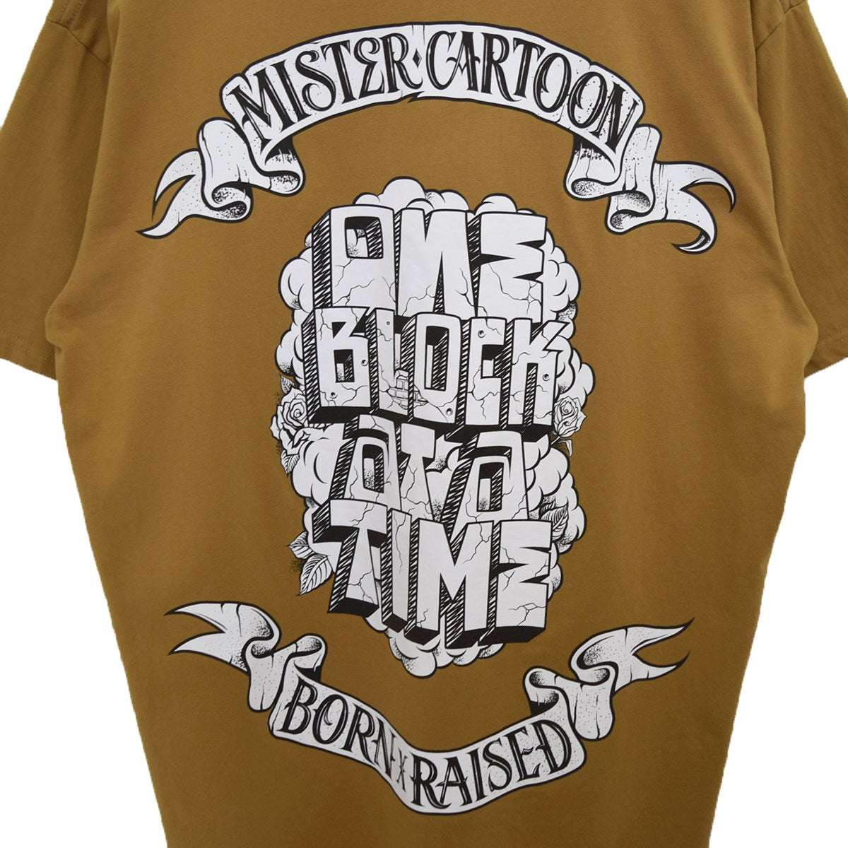 BORN X RAISED×MISTER CARTOON(ボーンアンドレイズド×ミスター カートゥーン) ONE BLOCK AT A  TIMEプリントTシャツ