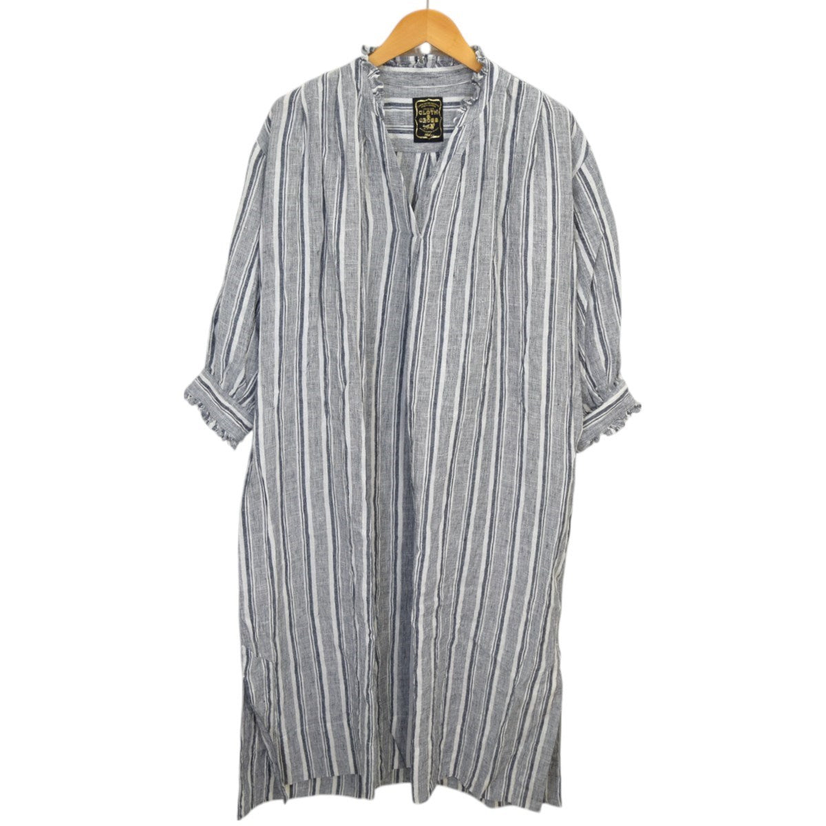CLOTH＆CROSS リネンスタンドフリルスキッパーワンピースストライプキッパーワンピース 古着・中古-1枚目のアイテム画像