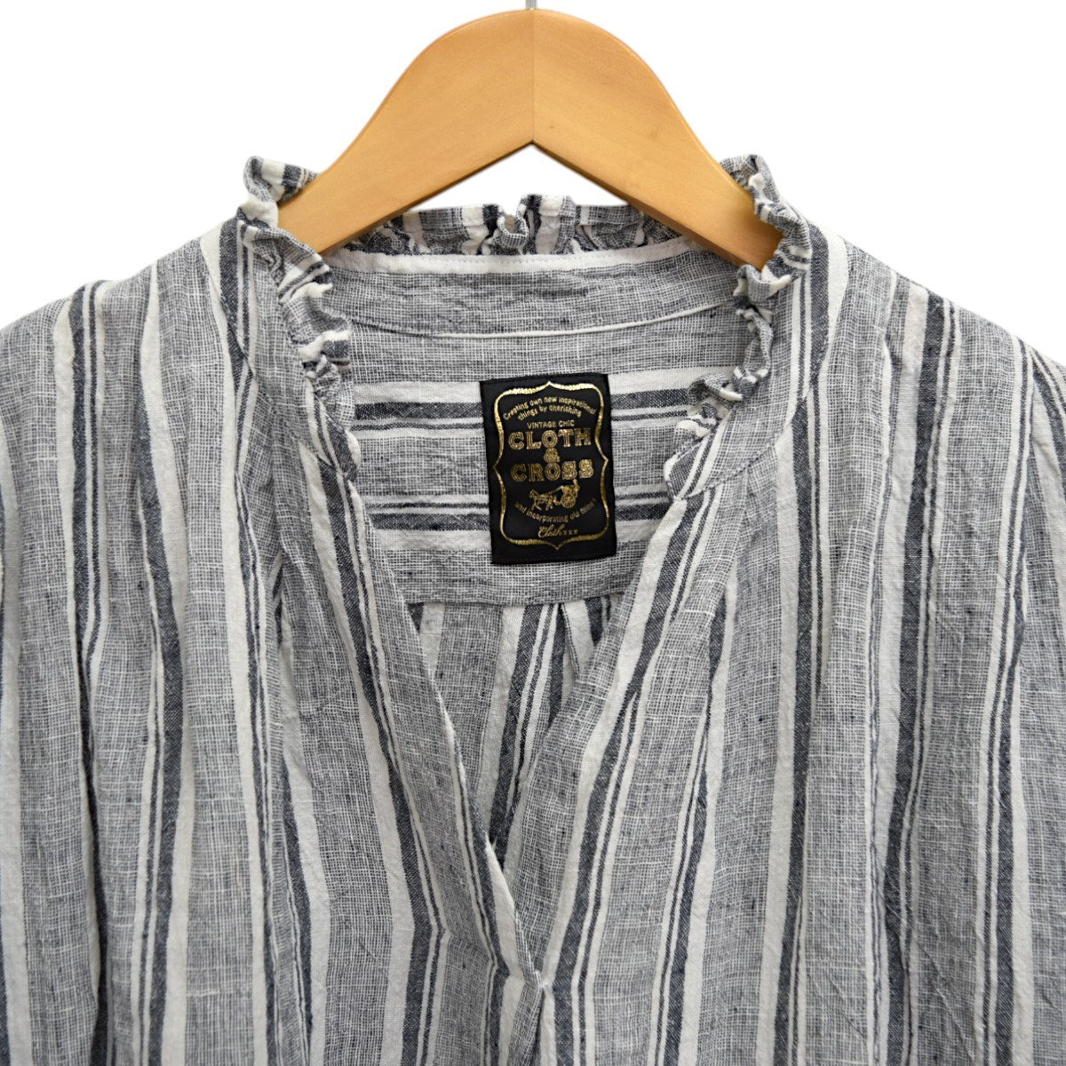 CLOTH＆CROSS リネンスタンドフリルスキッパーワンピースストライプキッパーワンピース 古着・中古-3枚目のアイテム画像