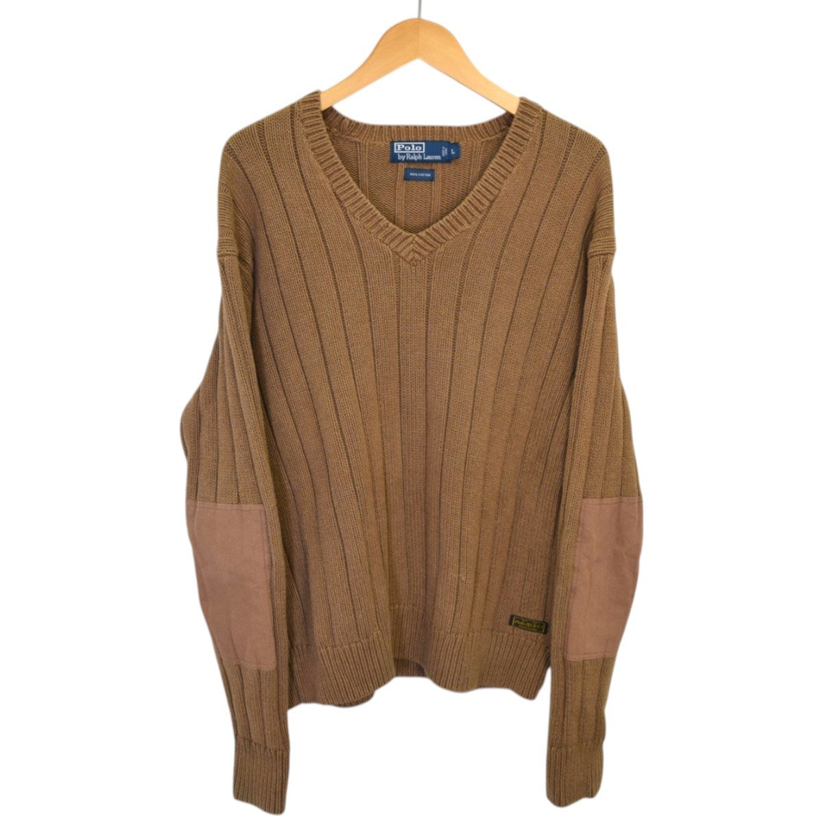 POLO RALPH LAUREN エルボーパッチVネックコットンニット 古着・中古-1枚目のアイテム画像