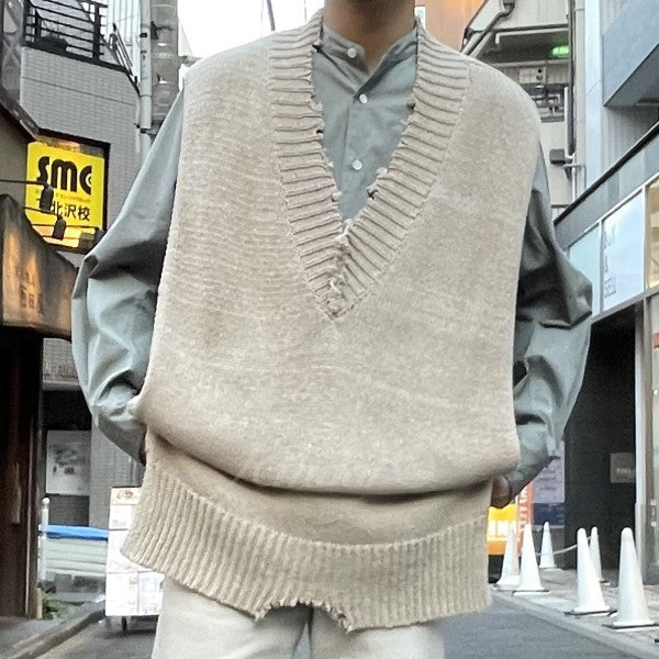 Maison Margiela10 22SSコットンセルロースヘンプニットベスト ダメージ加工オーバーサイズ 古着・中古-2枚目のアイテム画像
