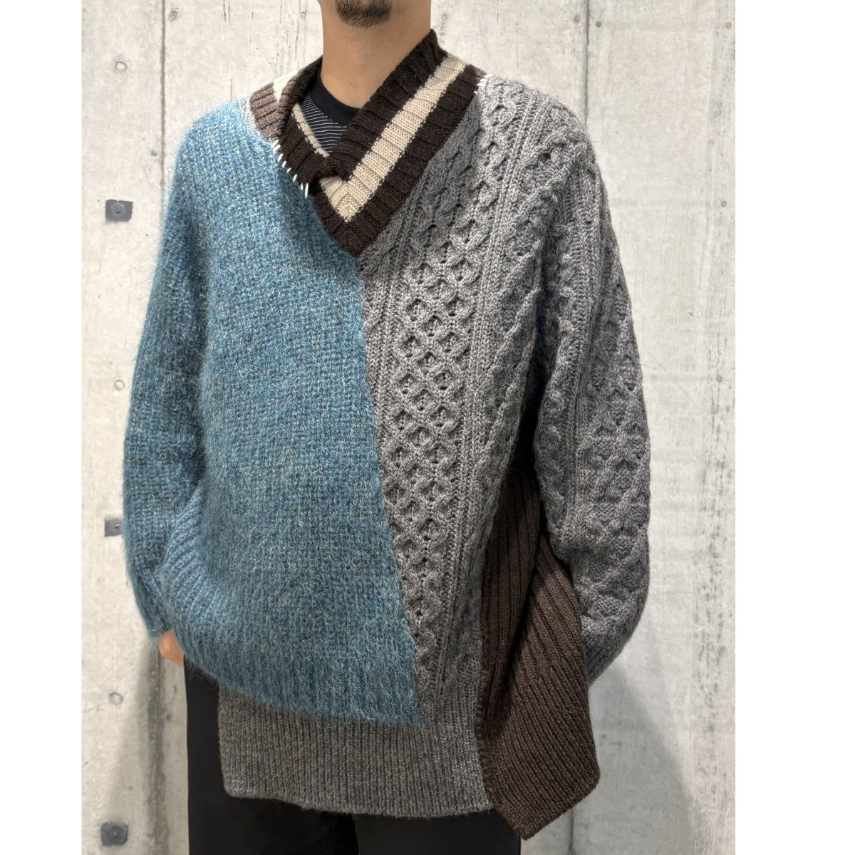 ボリュームウール×キッドモヘアCRAZY PATTERN KNITドッキングニットセーター