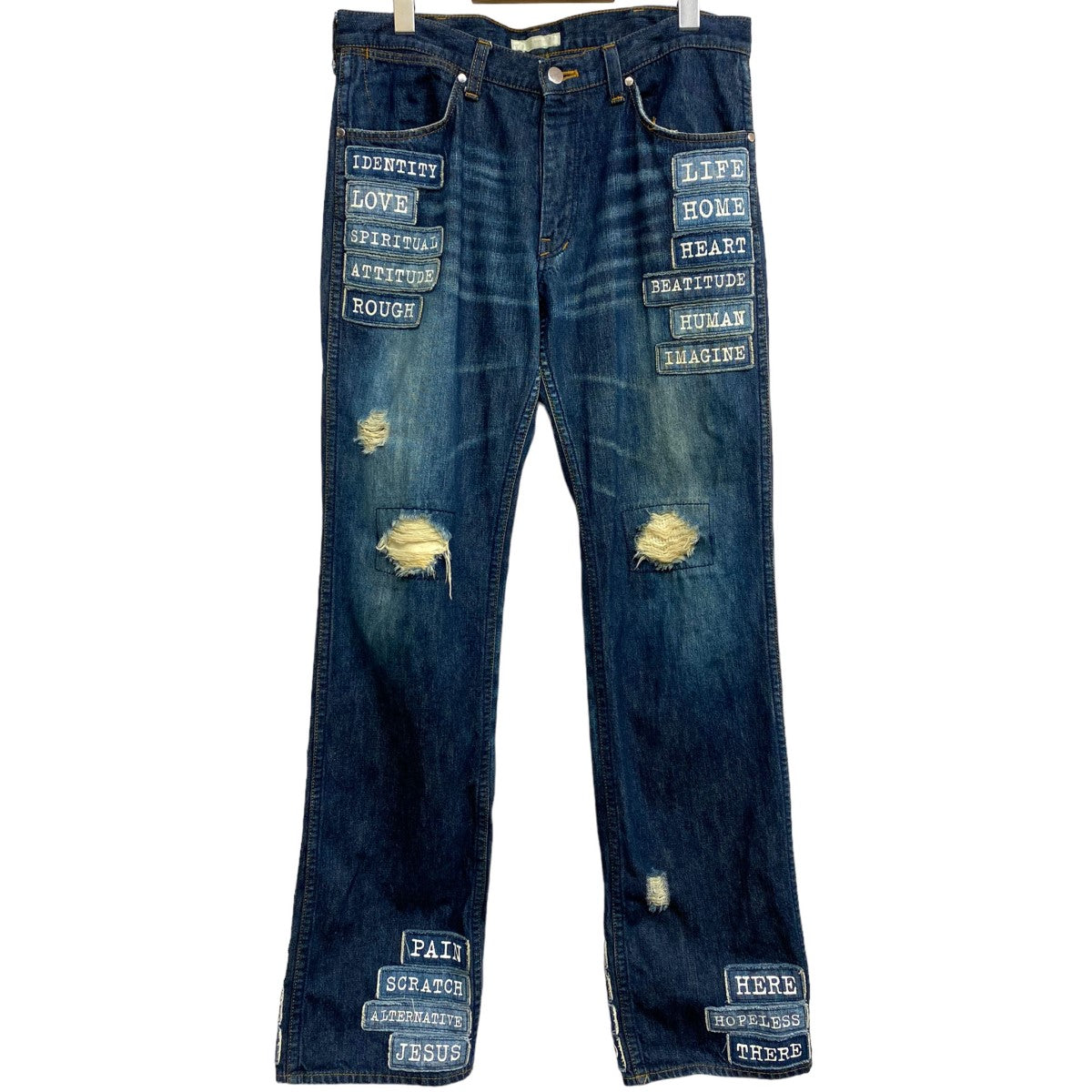 NUMBER (N)INE(ナンバーナイン) 02SSmodern age期Emblem Patch Work Damage Denimモダンエイジ  アーカイブARCHIVEパッチワークダメージデニムパンツ インディゴ サイズ 4(84CM)｜【公式】カインドオルオンライン  ブランド古着・中古通販【kindal】