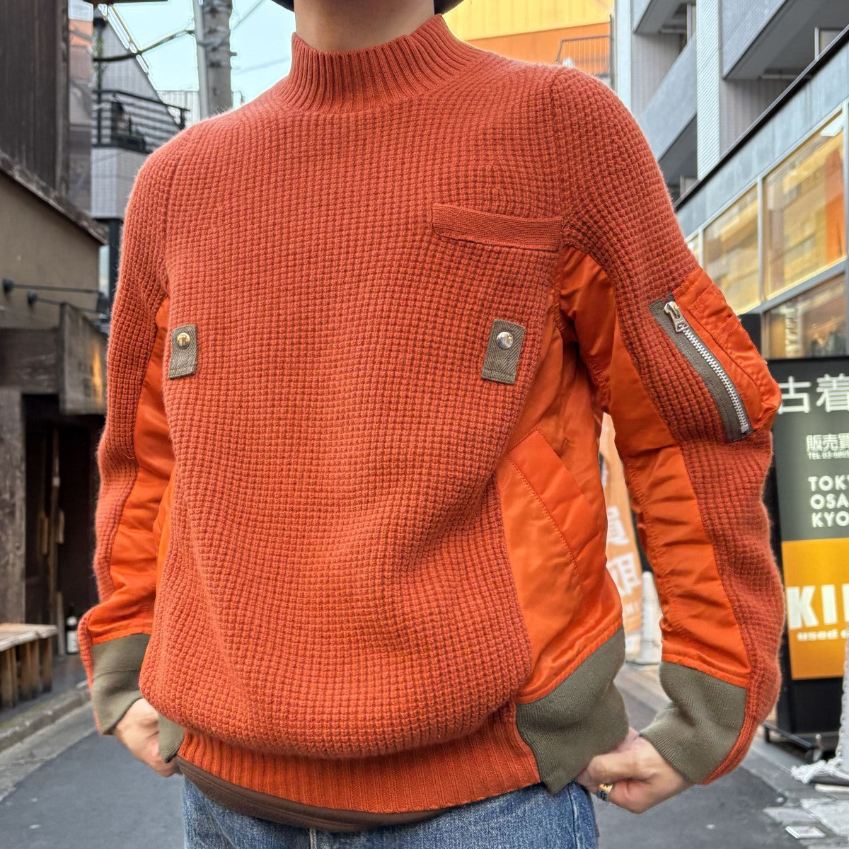 sacai Nylon Twill x Wool Knit Pulloverニット×MA-1ドッキング再構築ニット 古着・中古-2枚目のアイテム画像