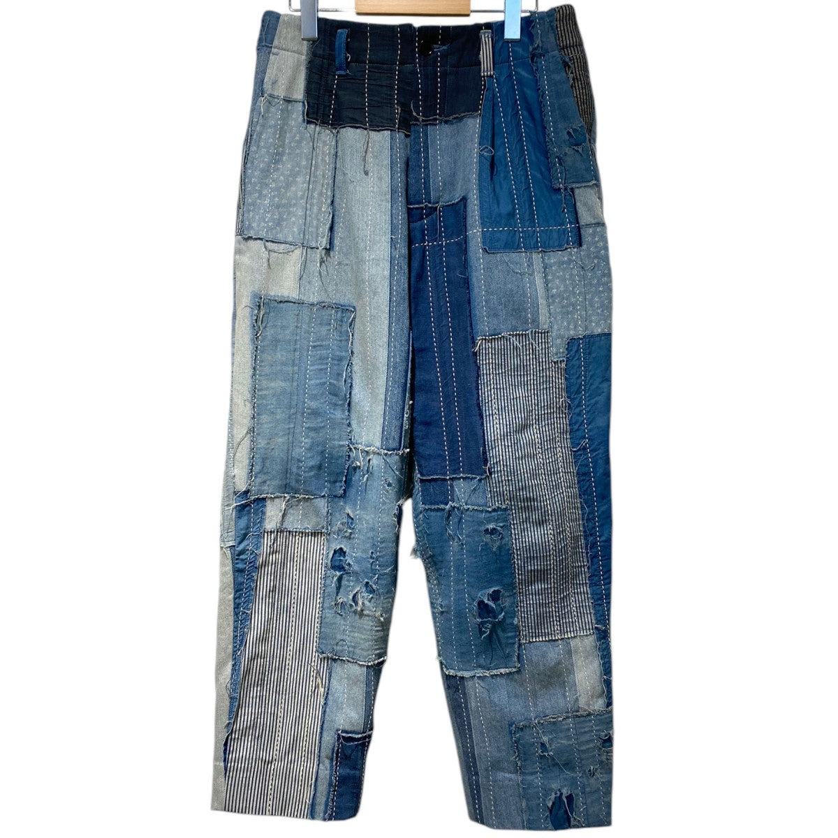 Distressed Denim Pleated Trousers再構築リメイクパッチワークデニムパンツ
