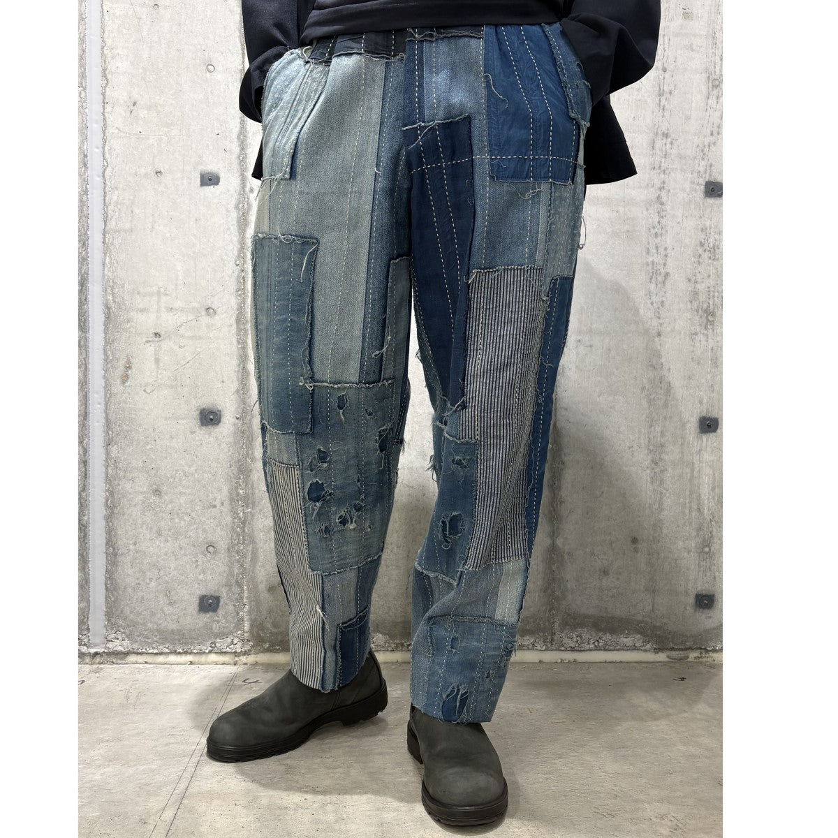 Distressed Denim Pleated Trousers再構築リメイクパッチワークデニムパンツ