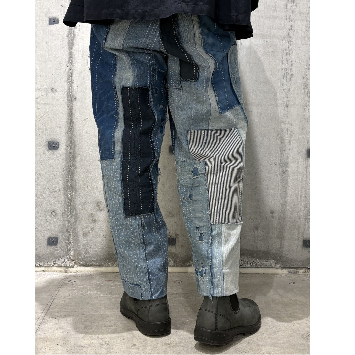 Distressed Denim Pleated Trousers再構築リメイクパッチワークデニムパンツ