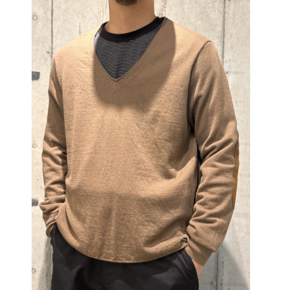24SS別注 V NECK SWEATERエルボーパッチVネックウールニット