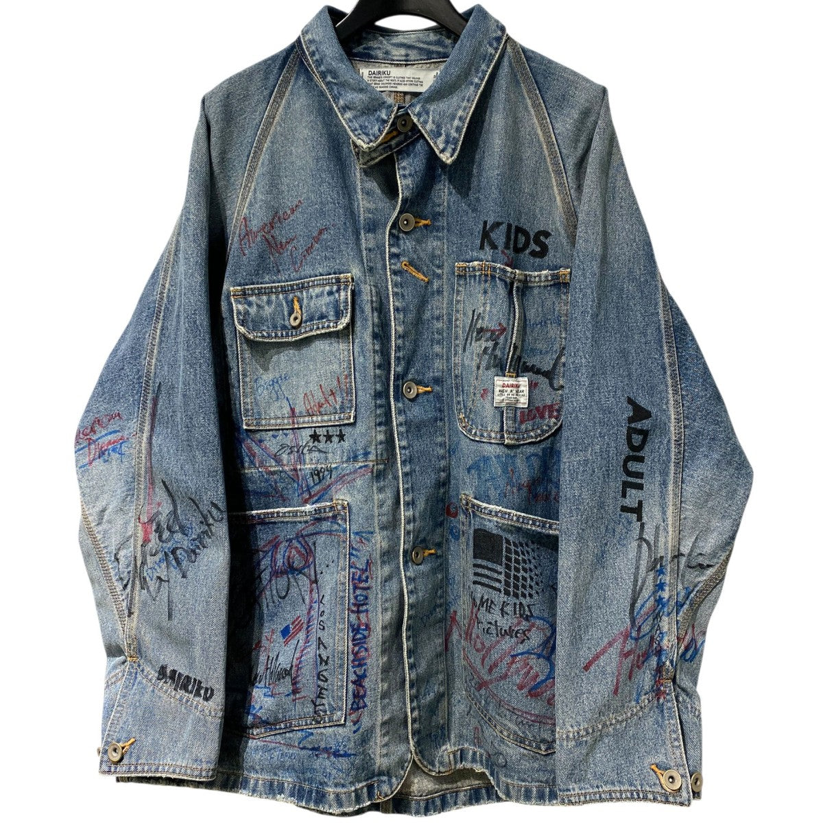 DAIRIKU×ContenaStore 20AW限定Wash N’ WEAR Damage Cover All Vintageヴィンテージ落書きアート加工サイン入りカバーオールデニムジャケット 古着・中古-1枚目のアイテム画像