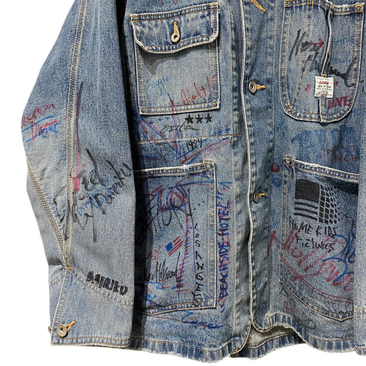 DAIRIKU×ContenaStore 20AW限定Wash N’ WEAR Damage Cover All Vintageヴィンテージ落書きアート加工サイン入りカバーオールデニムジャケット 古着・中古-5枚目のアイテム画像