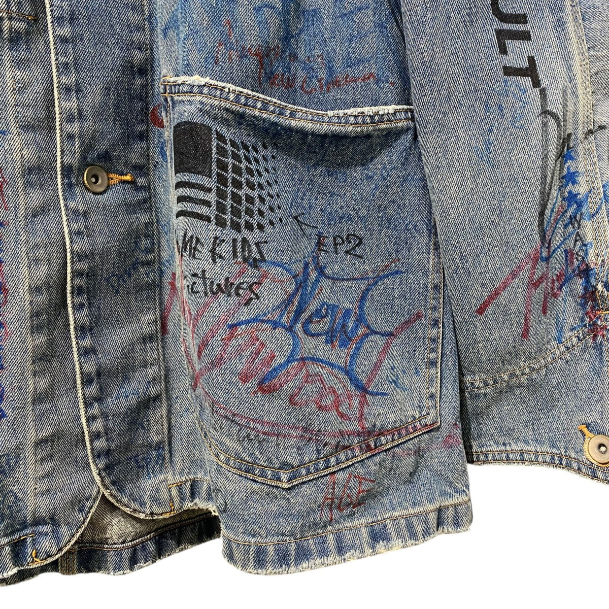 DAIRIKU×ContenaStore 20AW限定Wash N’ WEAR Damage Cover All Vintageヴィンテージ落書きアート加工サイン入りカバーオールデニムジャケット 古着・中古-6枚目のアイテム画像