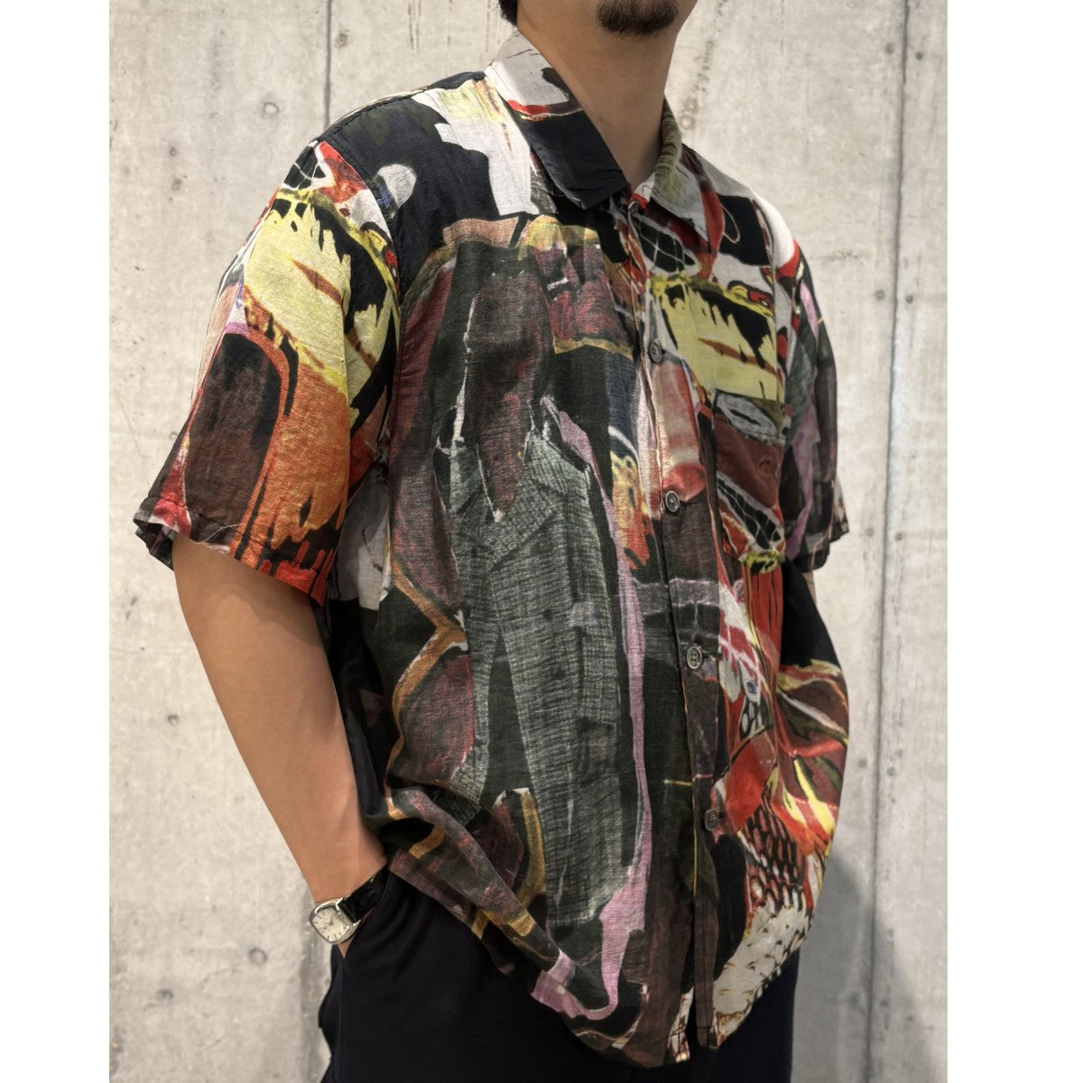 OUR LEGACY Cotton Silk Box Shirt Shortsleeve Peace Crowdコットンシルクシースルー半袖総柄シャツ 古着・中古-2枚目のアイテム画像