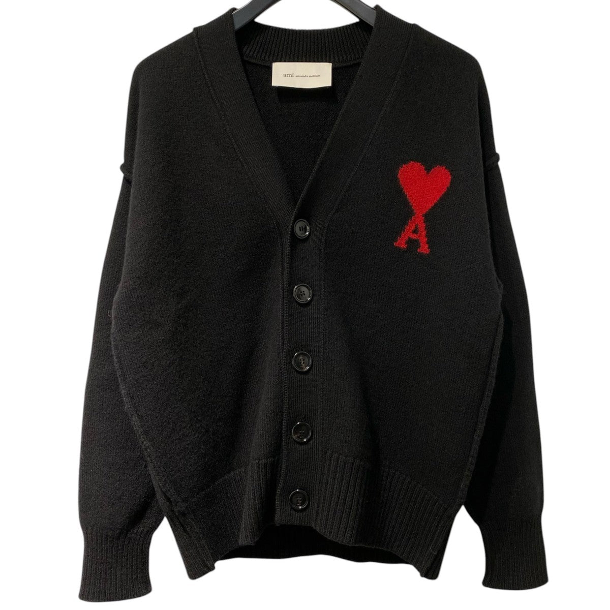 26SSBlack Wool AMI DE COEUR CardiganアミドゥクールハートロゴインサイドアウトメリノウールフェルトニットカーディガンUKC367.018