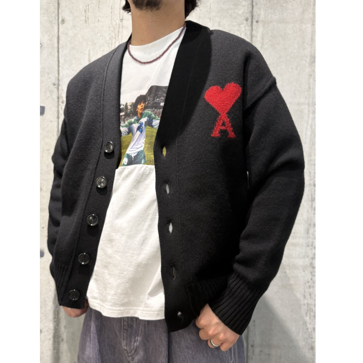 26SSBlack Wool AMI DE COEUR CardiganアミドゥクールハートロゴインサイドアウトメリノウールフェルトニットカーディガンUKC367.018