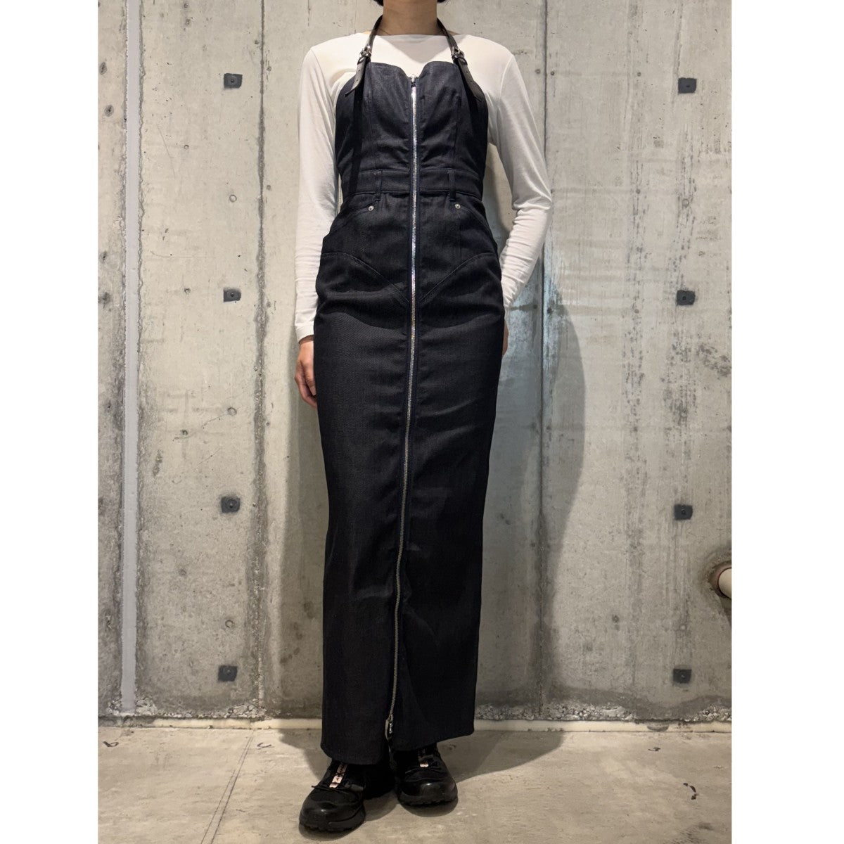 Organic Cotton Denim DressデニムZIPアームレザーベルトオールインワンドレスワンピーススカート