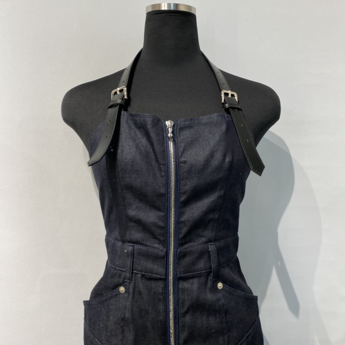 Organic Cotton Denim DressデニムZIPアームレザーベルトオールインワンドレスワンピーススカート