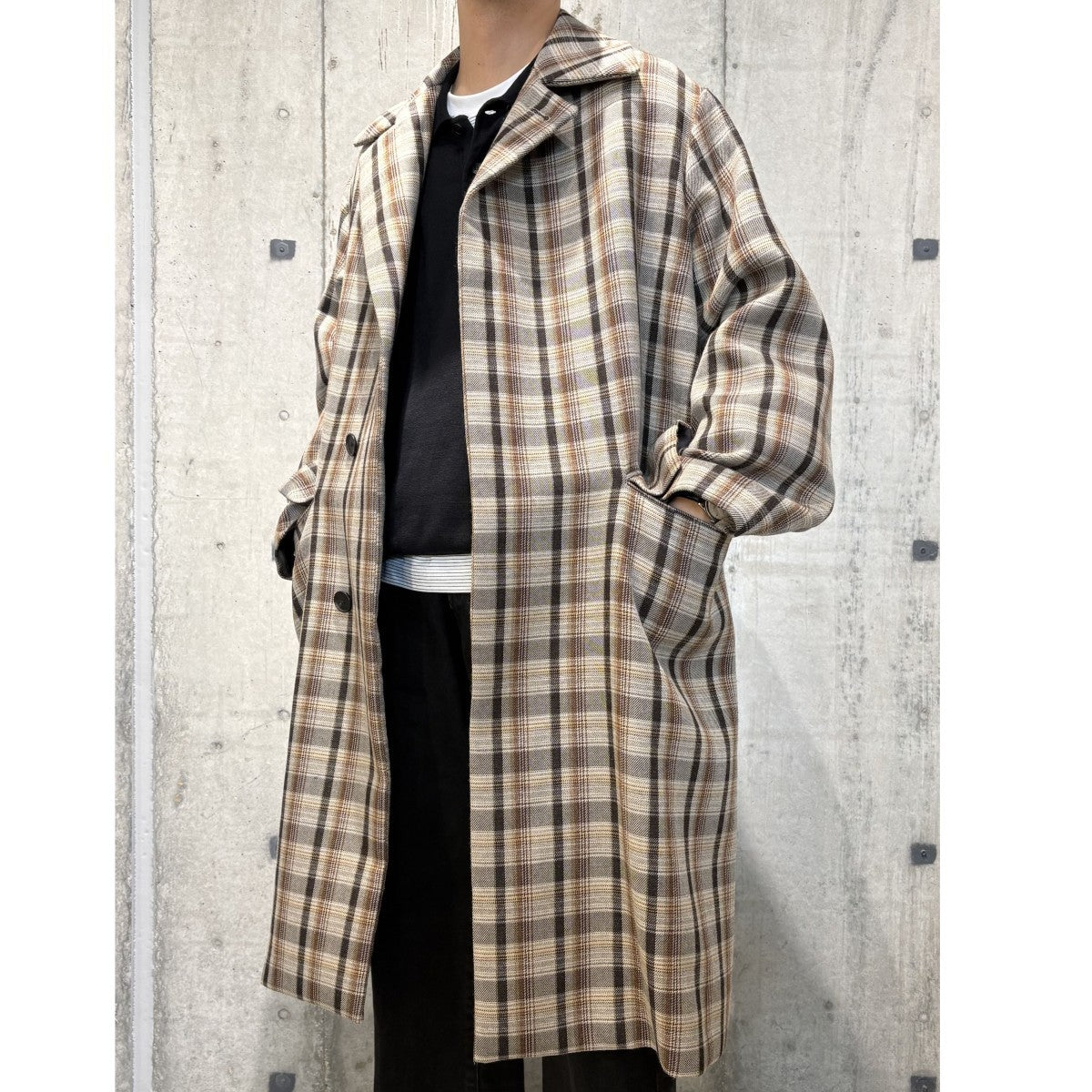 AURALEE 19AWDOUBLE FACE CHECK SOUTIEN COLLAR COATチェックオーバーサイズコート 古着・中古-2枚目のアイテム画像