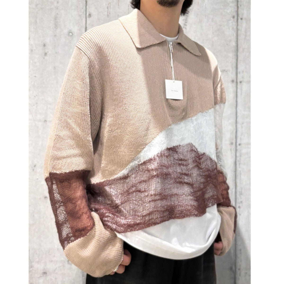 26SSSolid＆Fluid Zip-up Knit アシンメトリー異素材ミックスハーフZipニットセーター