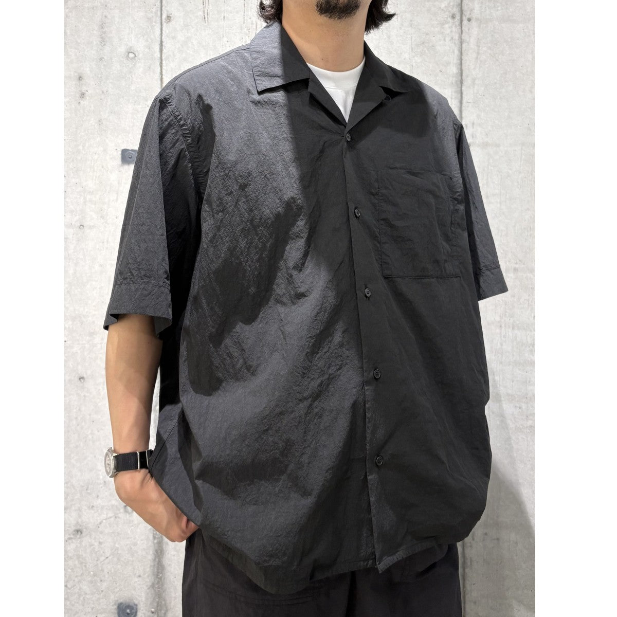26SSOPEN COLLAR S／S WA-RK SHIRT和紙ライクサニードライ加工オープンカラー半袖シャツ