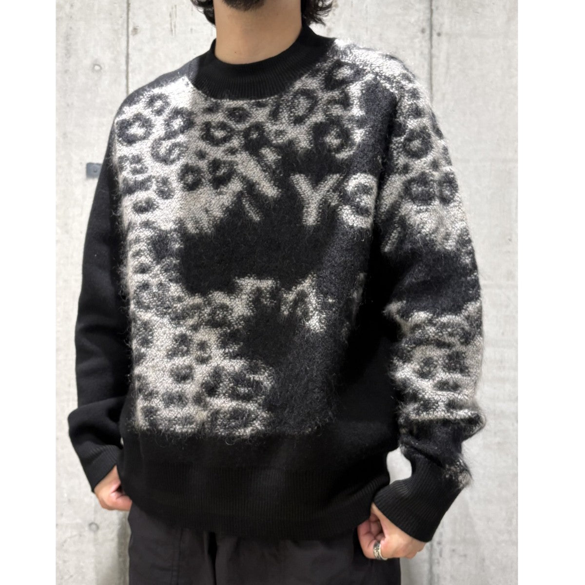 22AWU Leopard Knit Crew Sweaterロゴ総柄レオパードウールモヘヤ混ニットセーター