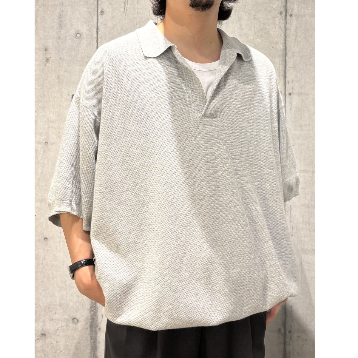 is-ness×1LDK 23SSKNITTED BIG SKIPPER POLO裾ドローコードスキッパー
