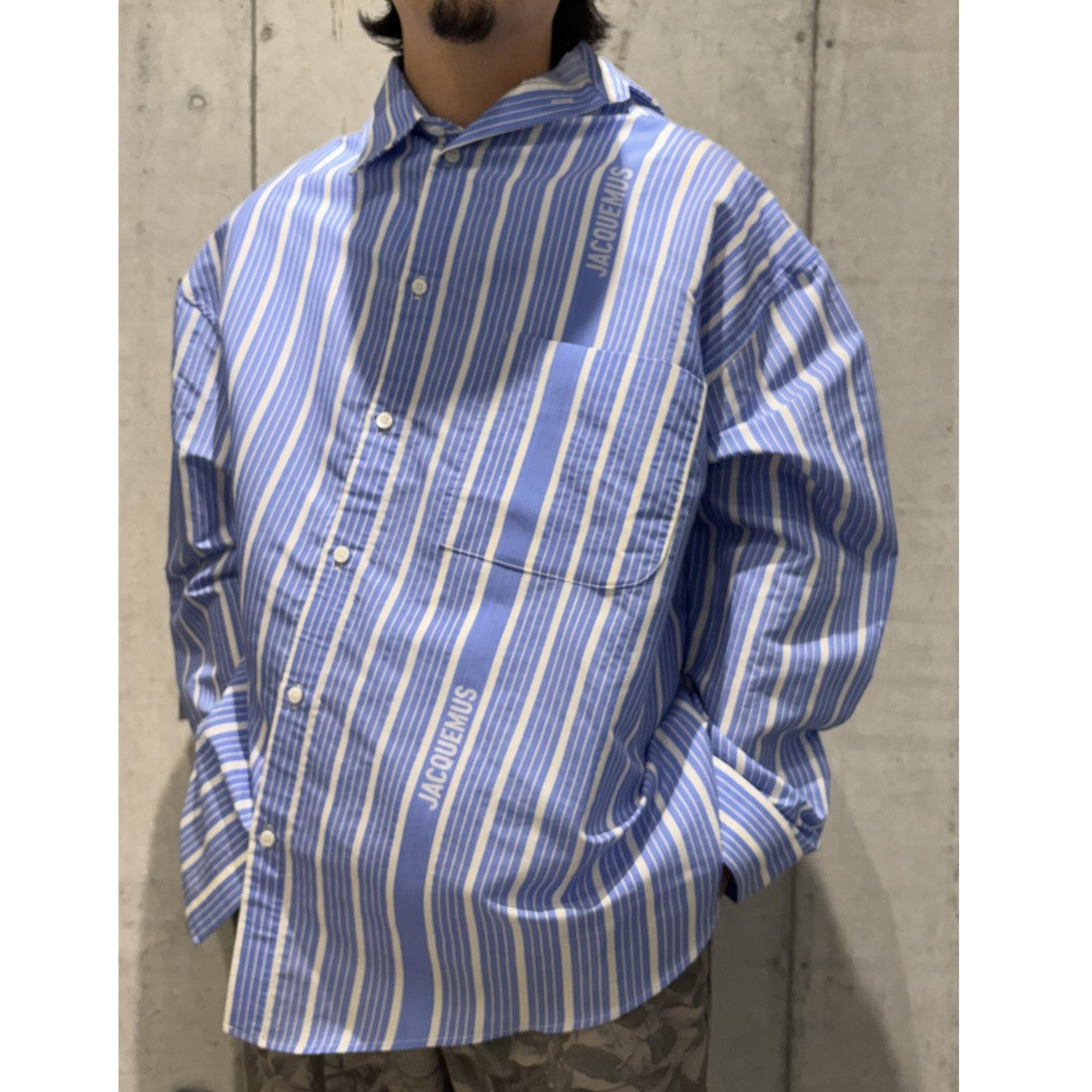 24SSLa Chemise Cuadroシルクヴァージンウールオーバーサイズアシンメトリーロゴストライプシャツ