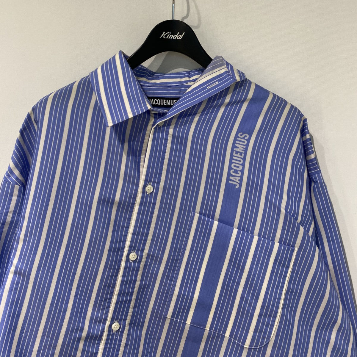 24SSLa Chemise Cuadroシルクヴァージンウールオーバーサイズアシンメトリーロゴストライプシャツ