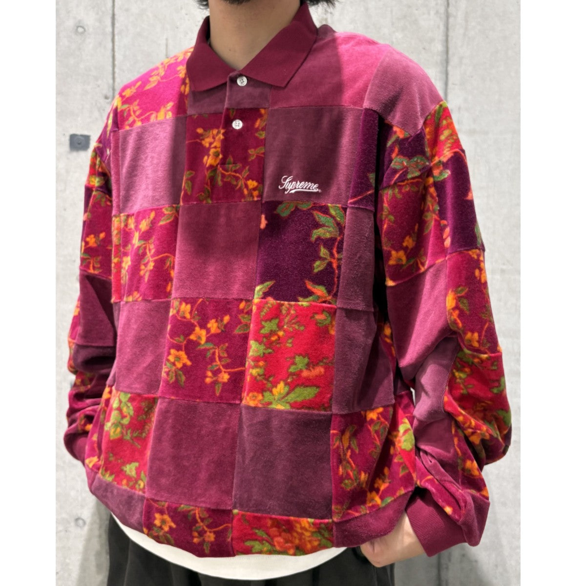 21FWFloral Patchwork Velour L／S Poloフローラルパッチワークベロアポロシャツ