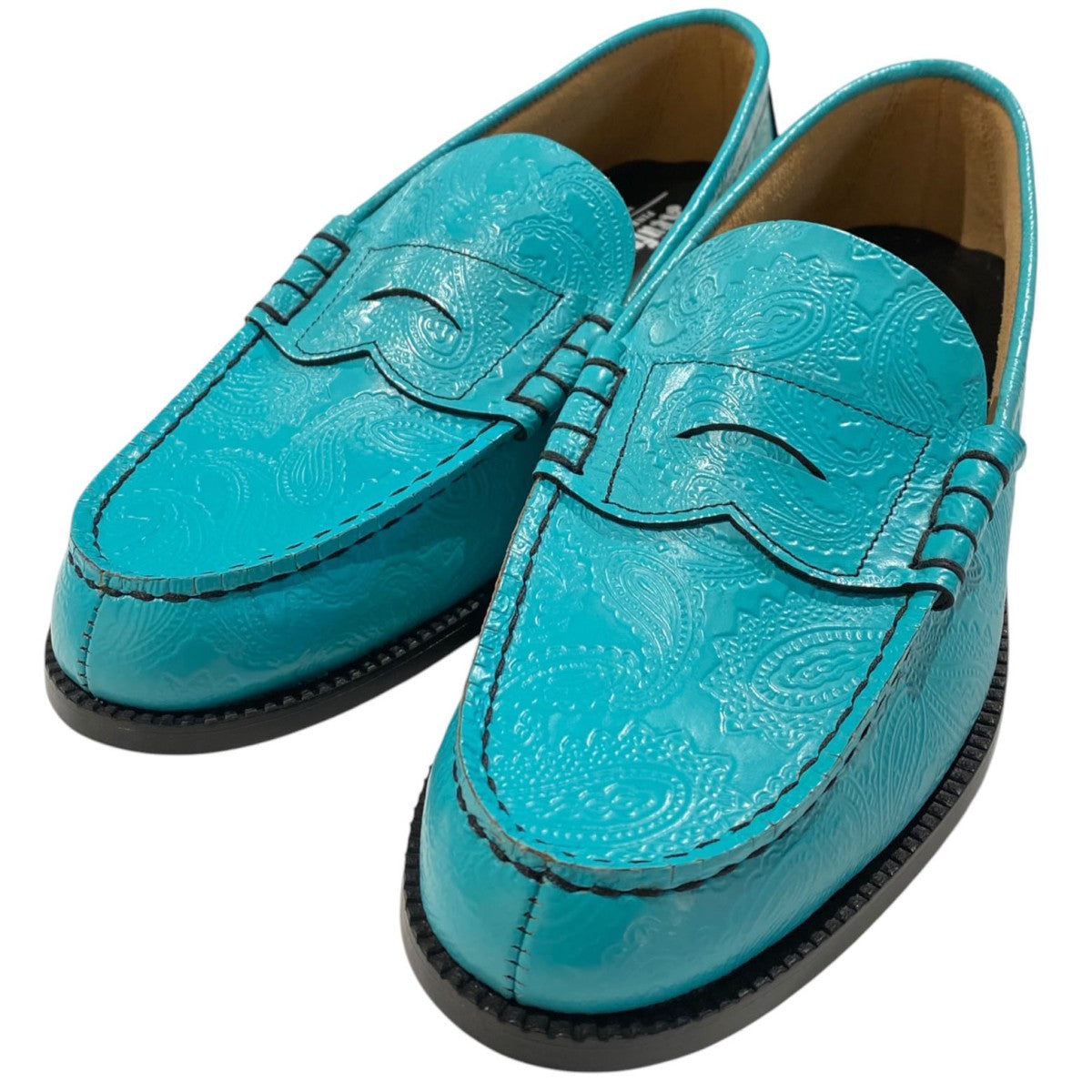 Enbossed Loafers Turquoise Blue Paisleyペイズリーローファーレザーシューズ靴