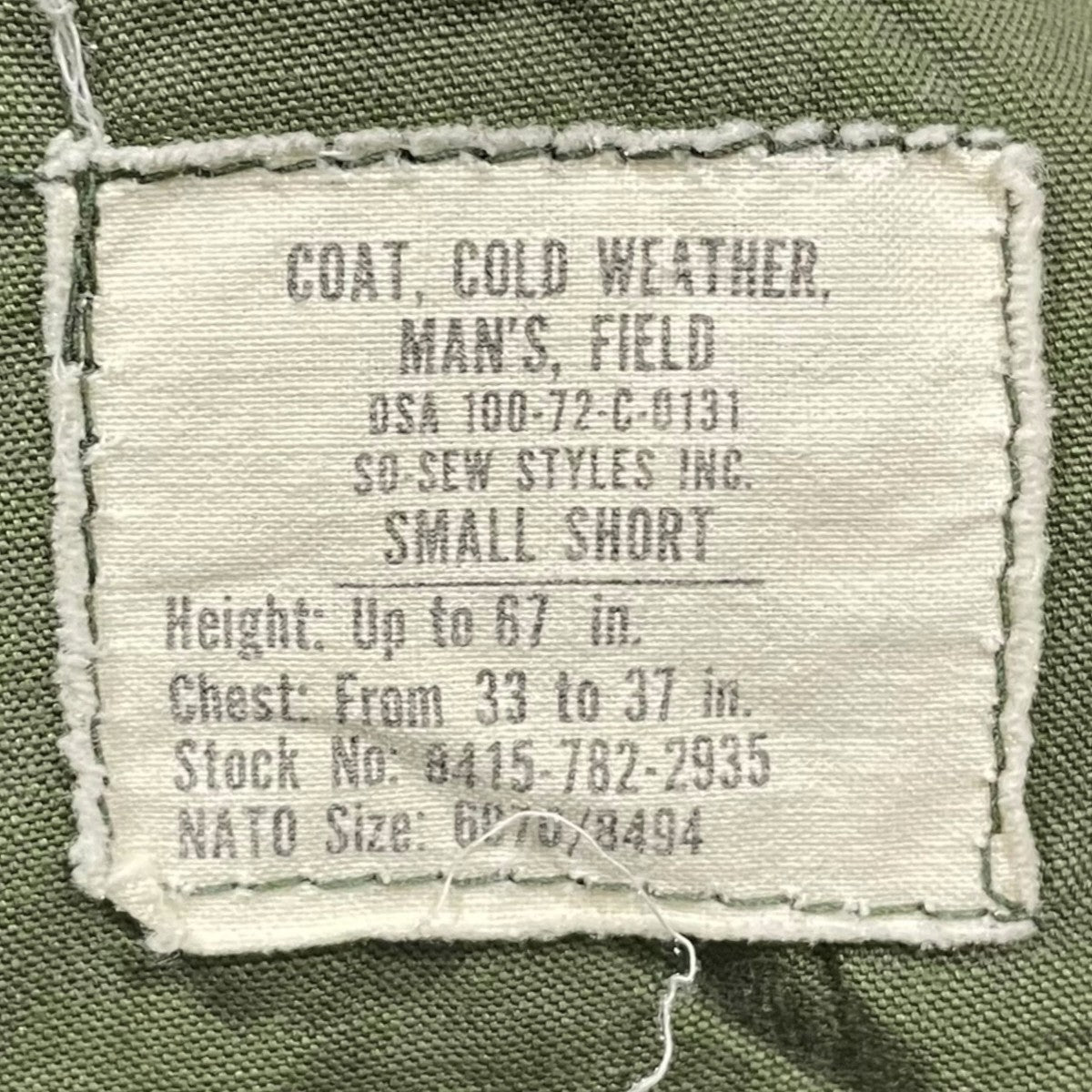 US ARMY M-65 フィールドジャケット COAT， COLD WEATHER， MAN’S， FIELD 8415-782-2935 古着・中古-9枚目のアイテム画像