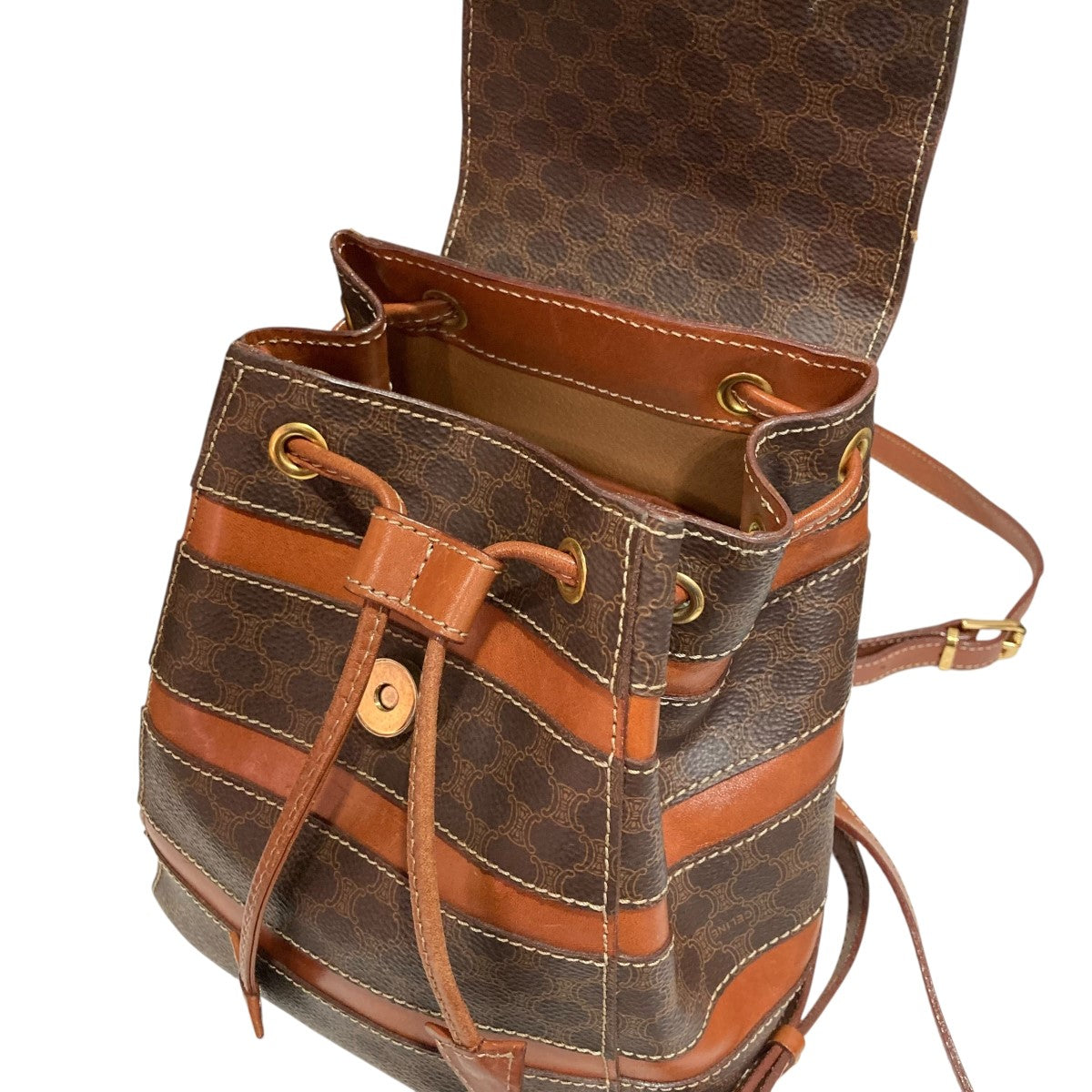 【美品】CELINE マカダム柄フラップバックパック M95 ブラウン CELINE(セリーヌ) マカダム柄レザーリュック バックパック M95