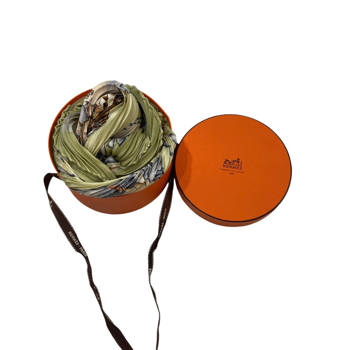HERMES エルメス プリーツスカーフ 馬柄 シルク グリーン