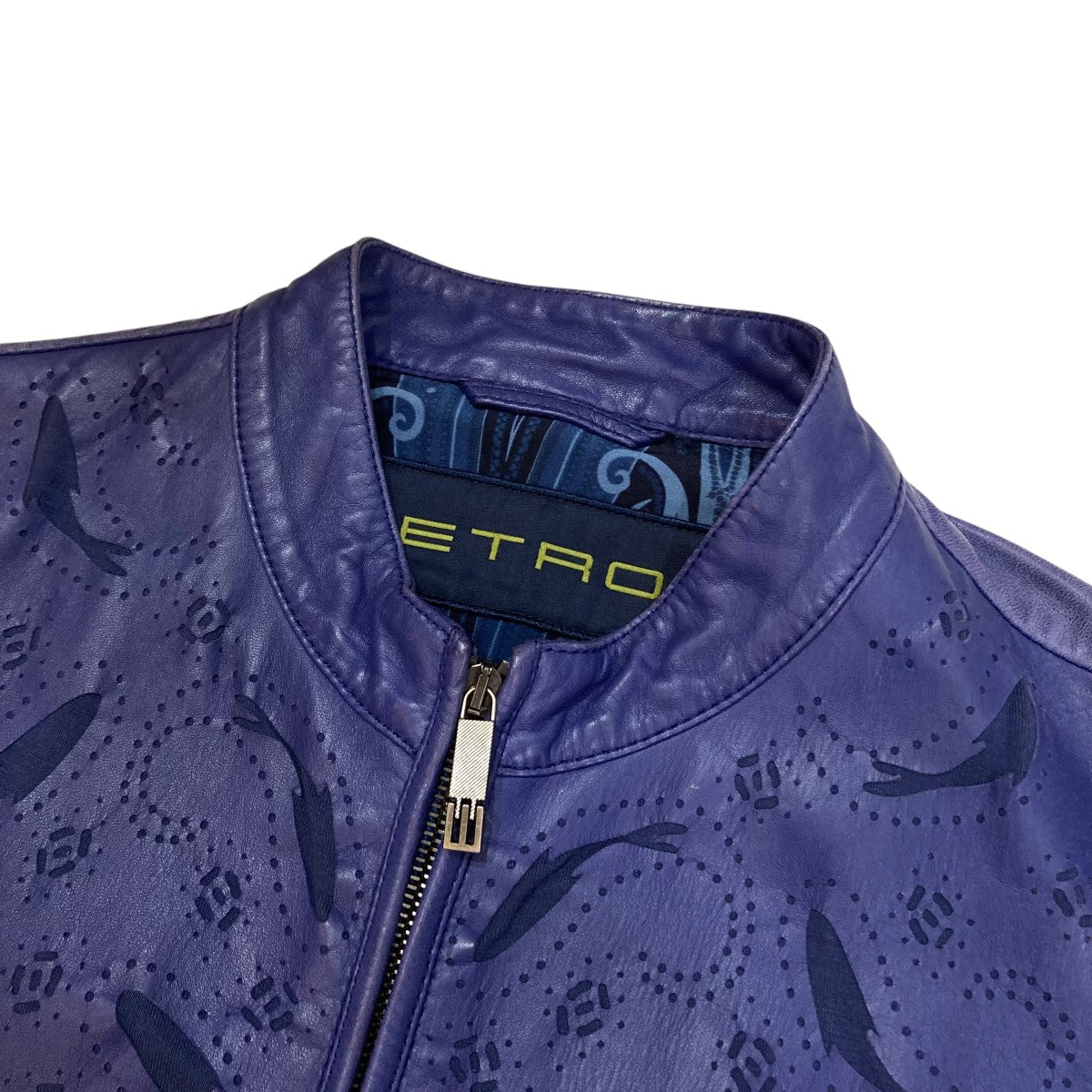 ETRO（エトロ） レザージャケット 革ジャン 裏地総柄 シルク 絹 3XL 青