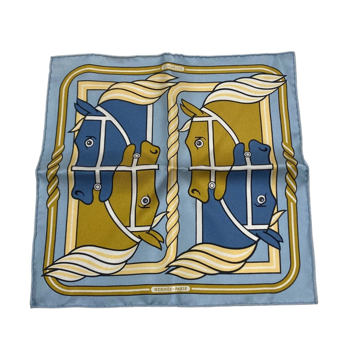 HERMES カレナノ カドリージュ ブルーシエル馬柄ハンカチ 古着・中古-1枚目のアイテム画像