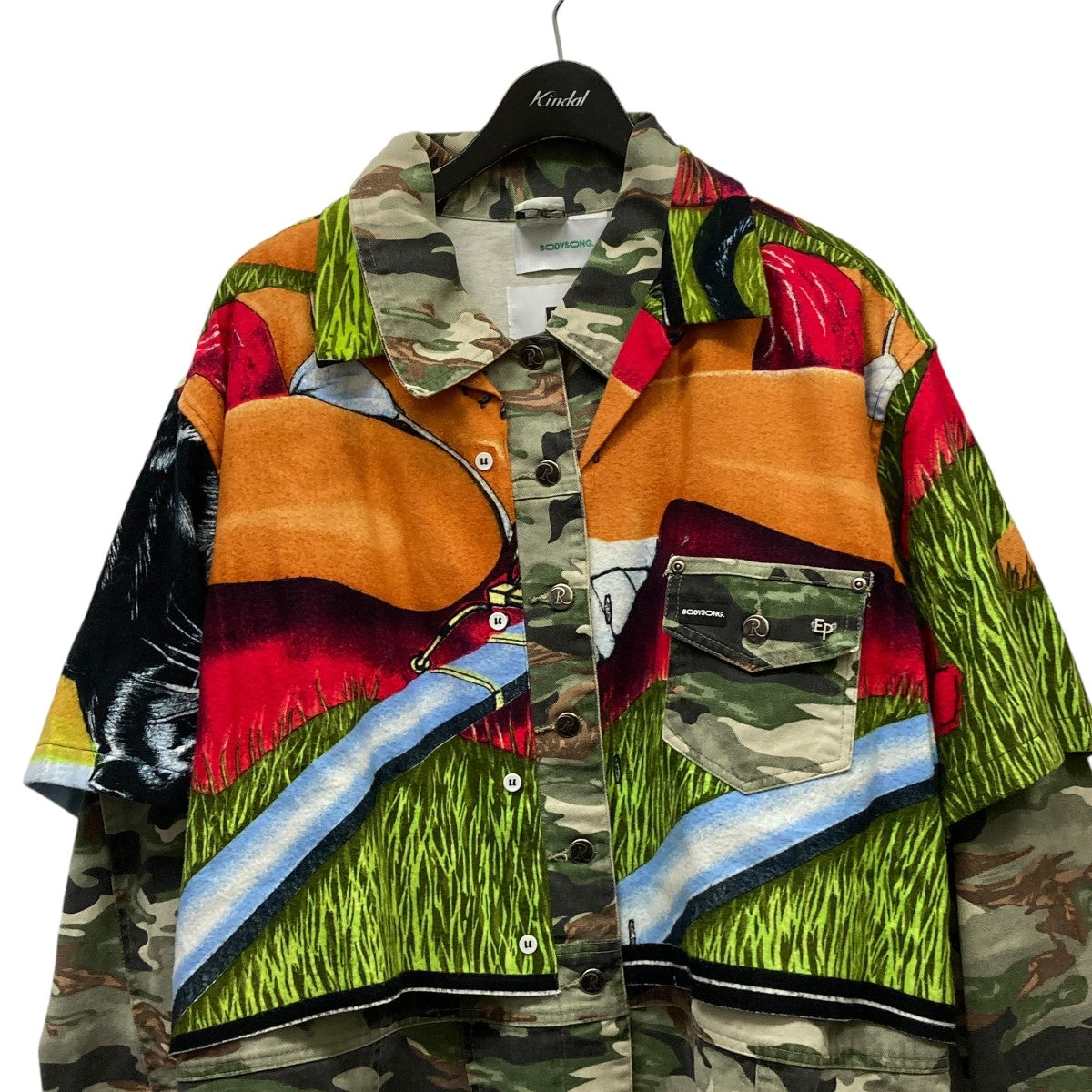 bodysong．(ボディソング) レイヤード総柄ジャケット 黄緑×オレンジ