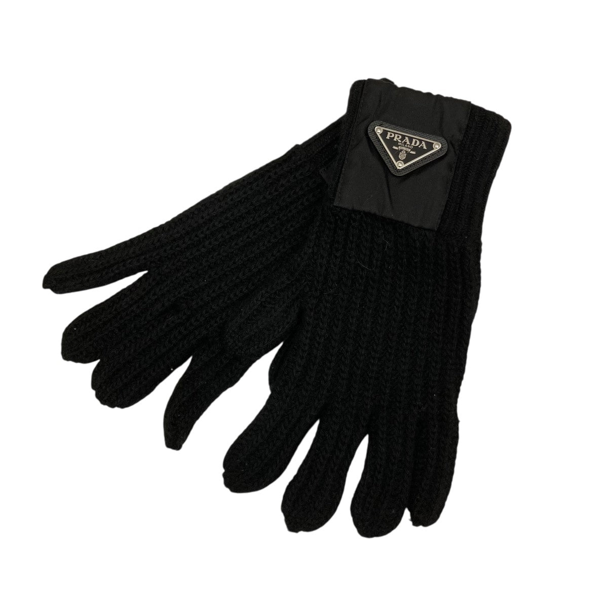美品✨PRADA プラダ　レザー　グローブ 手袋　カシミヤ　黒　三角ロゴプレート PRADA(プラダ) ウールカシミヤ グローブ三角プレート付ニット