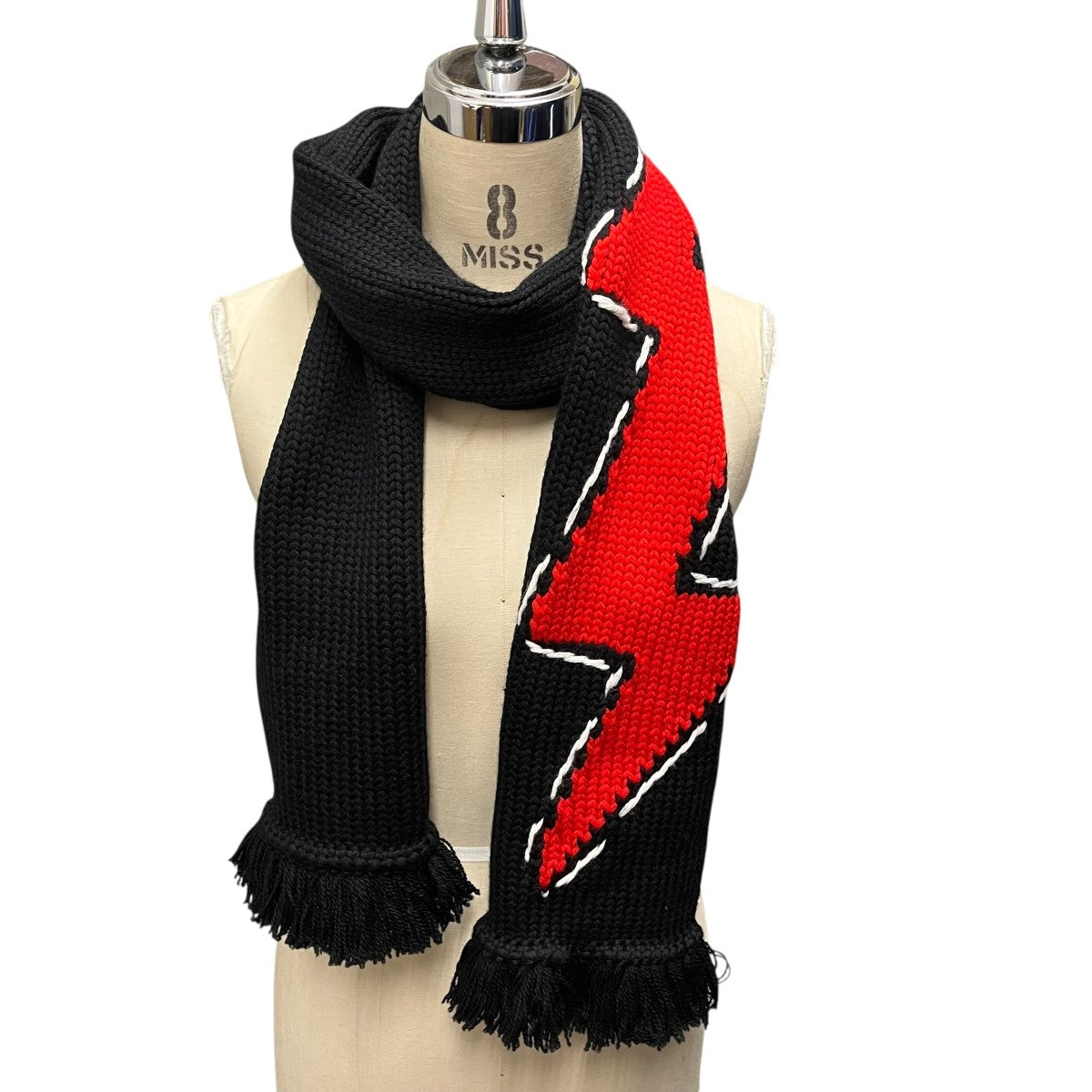 美品 プラダ サンダー柄 マフラー ウール prada PRADA - 美品 PRADA プラダ ウール ロゴ刺繡 フリンジ マフラー