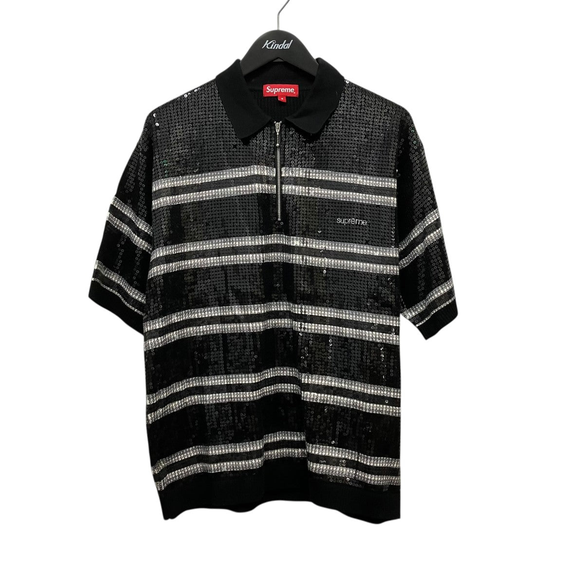 22SSSequin Stripe Zip Poloハーフジップスパンコール半袖ポロシャツ