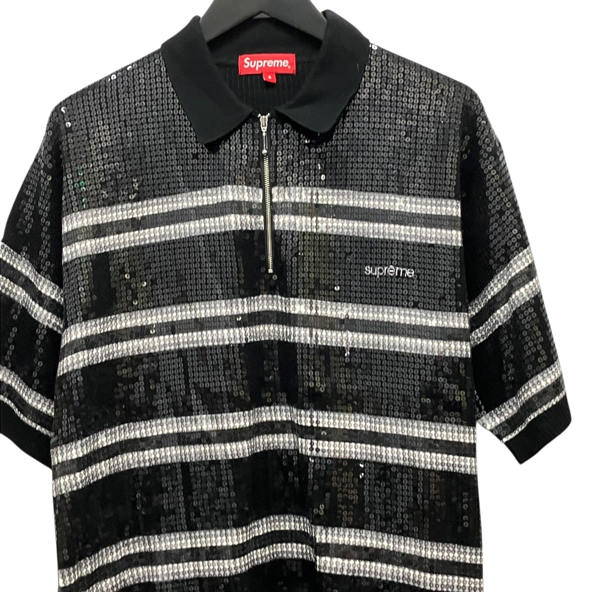 22SSSequin Stripe Zip Poloハーフジップスパンコール半袖ポロシャツ