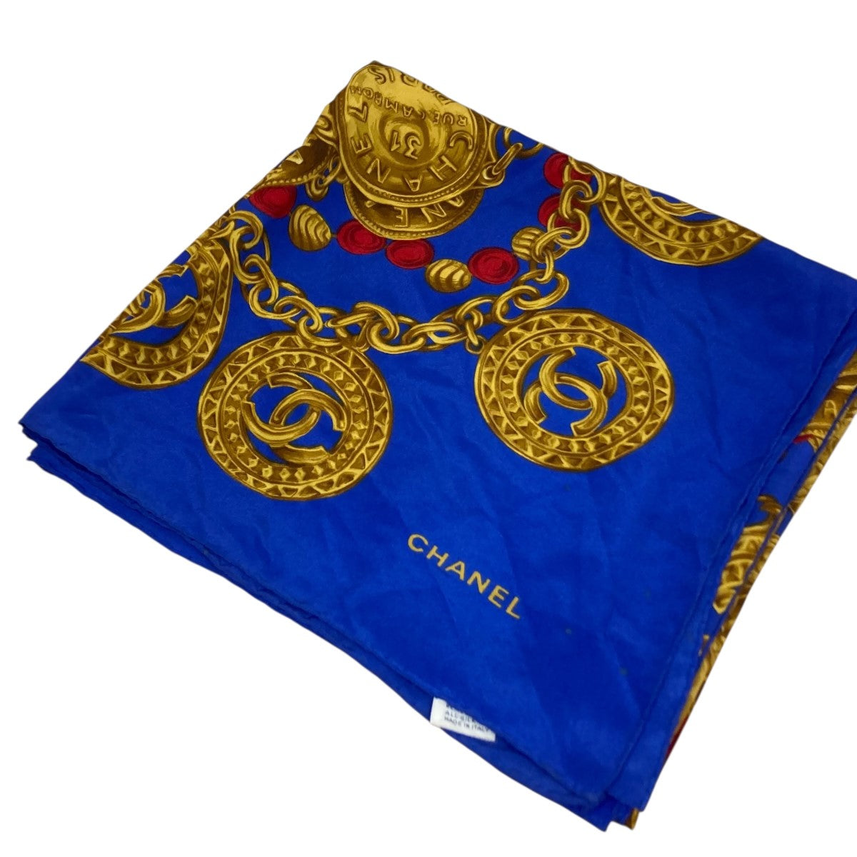 CHANEL(シャネル) 総柄大判シルクスカーフ イエロー×ブルー サイズ ONE