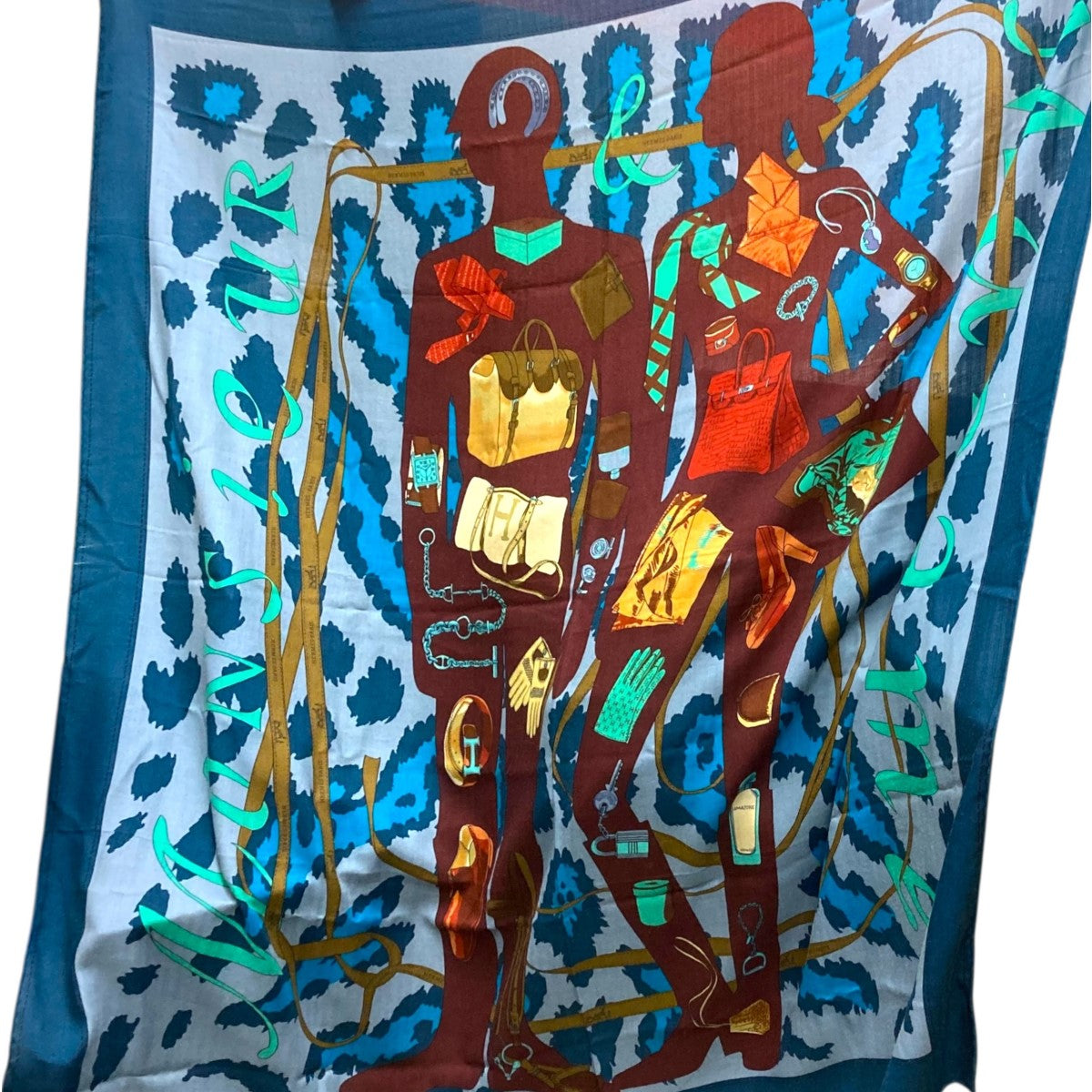 HERMES(エルメス) カレ140 Monsieur et Madame総柄シルクカシミヤ大判